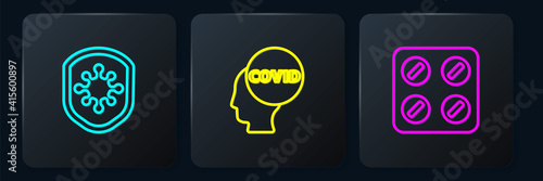 Set line Shield protecting from virus, Pills blister pack and Corona covid-19. Black square button. Vector.