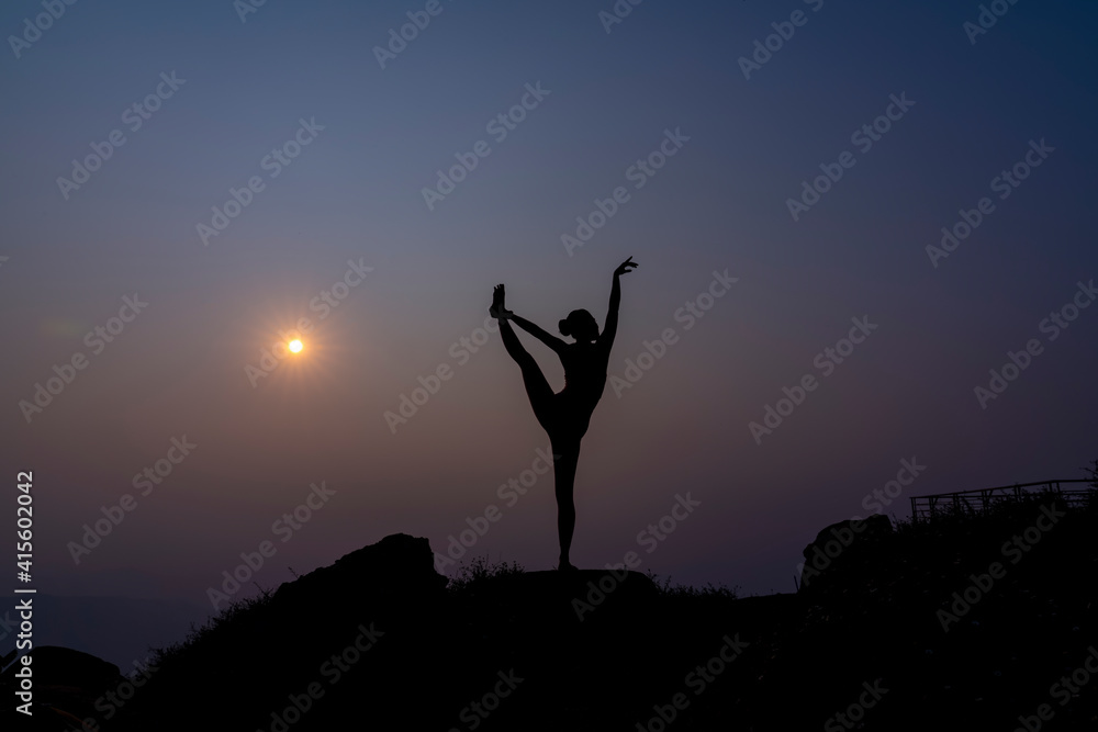 Silhouette Yoga Life Balance Woman Exercise. Girl adventure fit practicing yoga pose balance body vital zen meditation