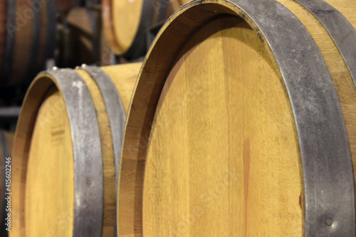 Oak barrels stacked in a wine cellar, Paarl, Cape Winelands, South Africa