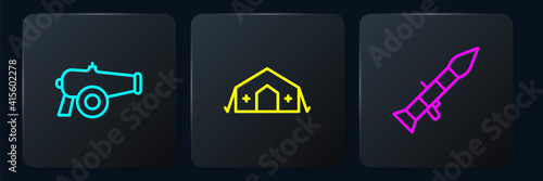 Set line Cannon, Rocket launcher and Military medical tent. Black square button. Vector.