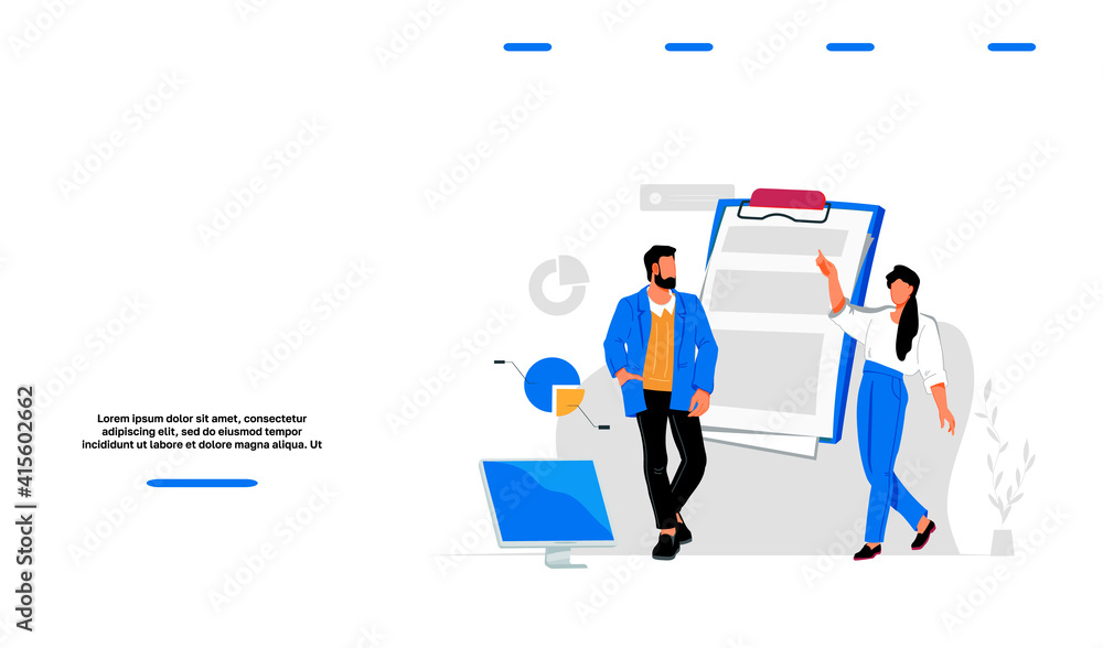 Business analytics web banner template with group of people among business visual infographics and charts, flat vector illustration. Landing page with people analyzing statistics and data.