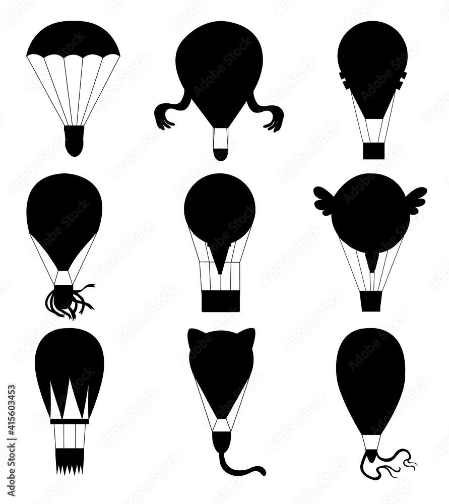 Flat illustration of hot air-balloons. Collection of diferent typs cartoon animals and burn colorful flying entertainment festival balloons outdoor. Travel, sky transport illustration Flat illustration of hot air-balloons. Collection of diferent typs cartoon animals and burn colorful flying entertainment festival balloons outdoor. Travel, sky transport illustration