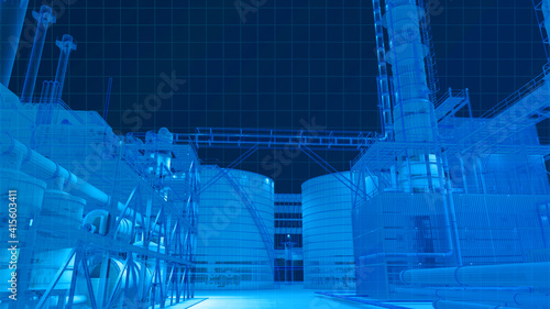 Blue theme digital wireframe scan view from infrarad camera view building scan in the dark in oil refinery factory building , 3D rendering for background composite.