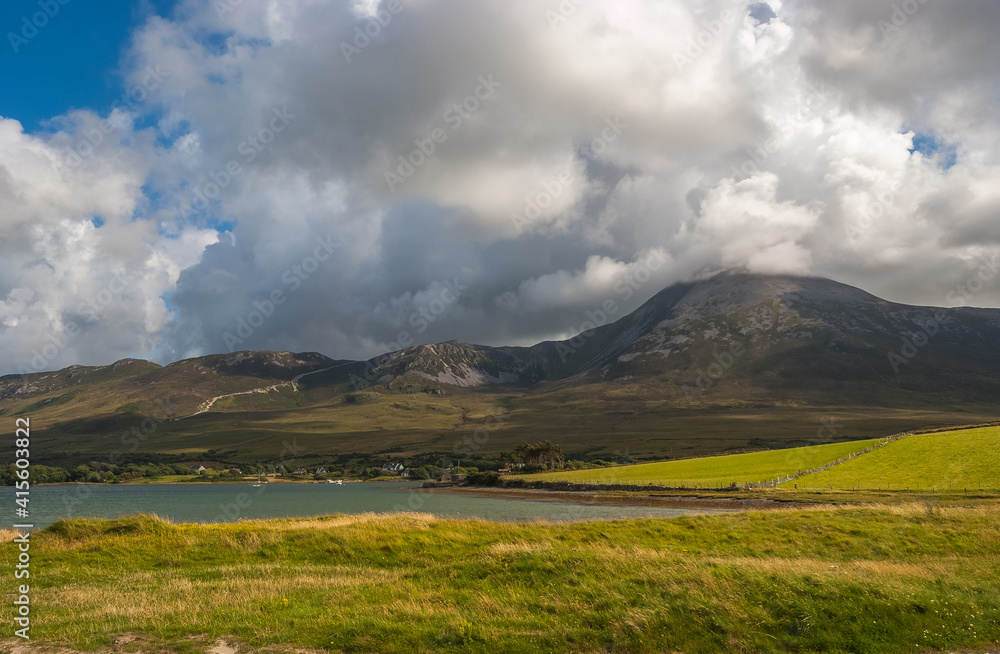 landscape with Croagh Patrick in clouds, Ireland landscape with Croagh Patrick in clouds, Ireland