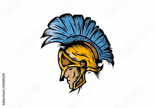 Blue gold of spartan warriors head illustration drawing