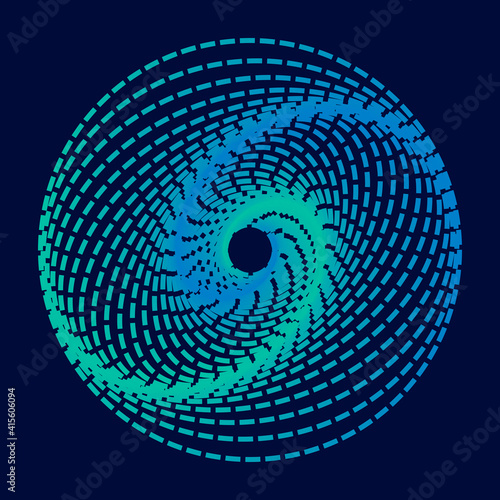 Twisted colored spiral. Curved wireframe tunnel. Vector technology logo element.