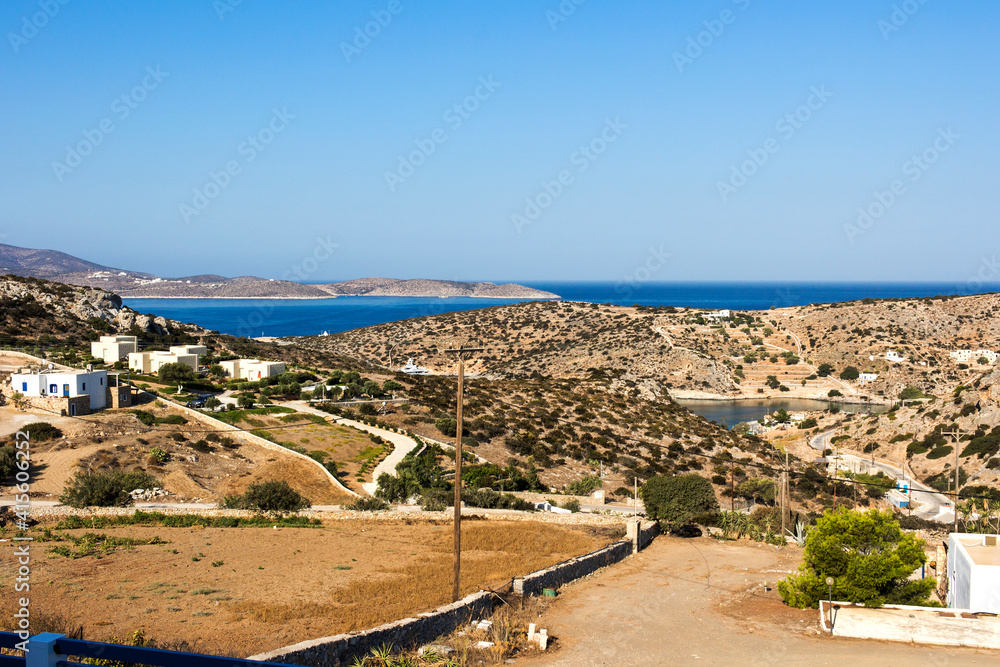Schinoussa island, panoramic view from Chora village situated uphill from the port - Lesser Cyclades, Greece
