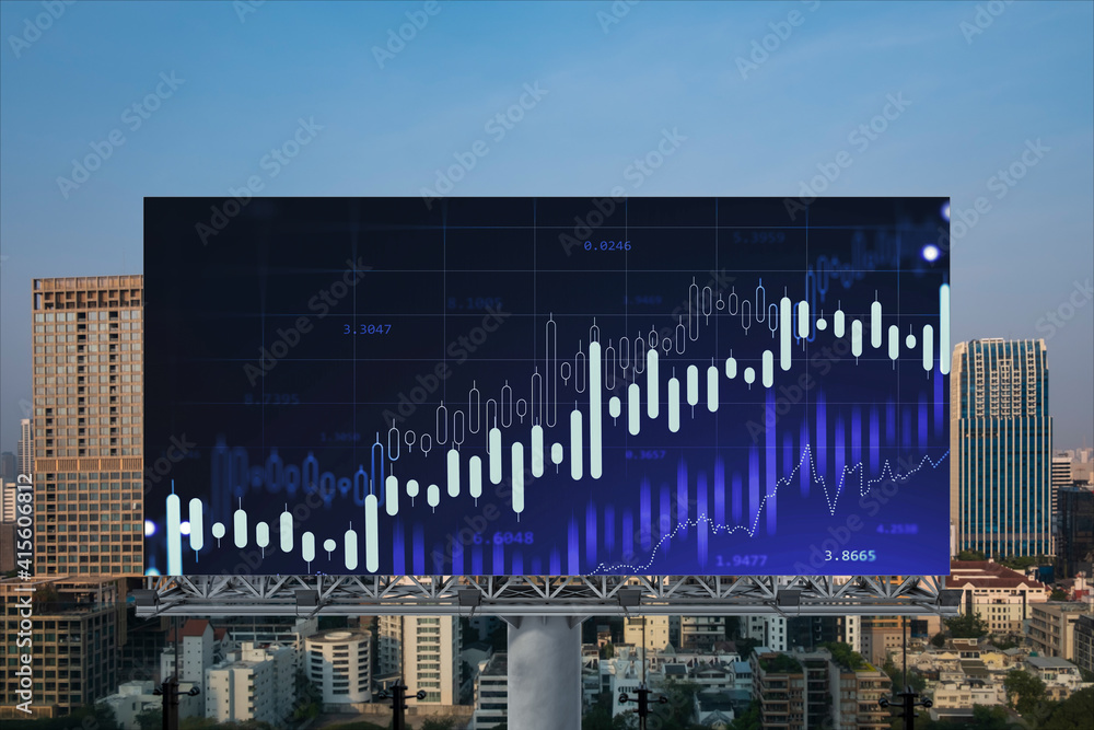 Naklejka premium Glowing FOREX graph hologram on billboard, aerial panoramic cityscape of Bangkok at sunset. Stock and bond trading in Southeast Asia. The concept of fund management.