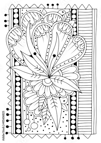 Art therapy coloring page for children and adults. Illustration with abstract flowers. Black-white background for coloring  printing on fabric or paper.