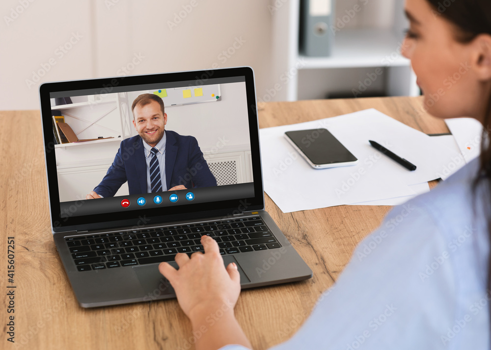 Virtual Communication. Female Entrepreneur Having Web Conference With Business Partner, Collage Virtual Communication. Female Entrepreneur Having Web Conference With Business Partner, Collage
