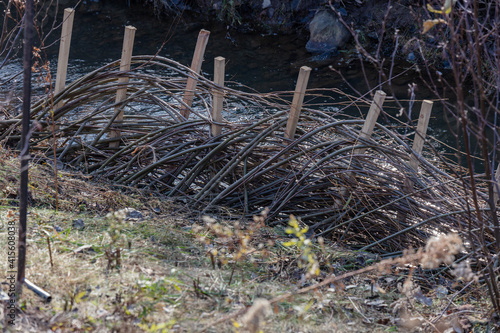 Fototapeta Aménagement d'une bande riveraine aillant subi de l'érosion avec du tressage de
