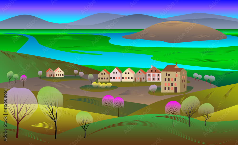 Fototapeta premium Spring landscape with blossoming trees, valley, river, houses, green hills, mountains. Vector illustration.