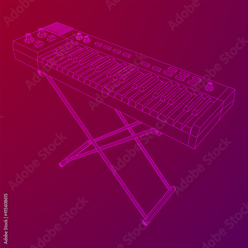 Piano roll analog synthesizer faders buttons knobs. Wireframe low poly mesh vector illustration.