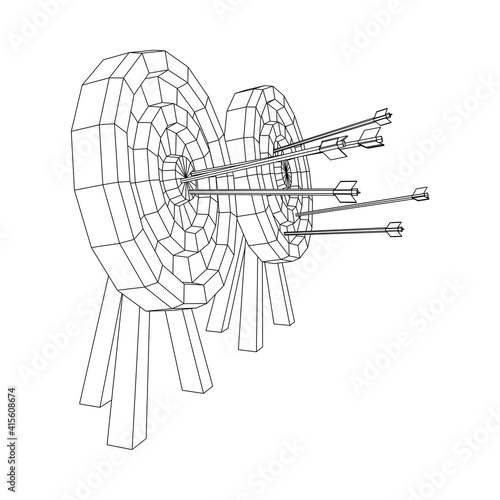 Archery target. Arrows hit round target goal concept. Wireframe low poly mesh vector illustration