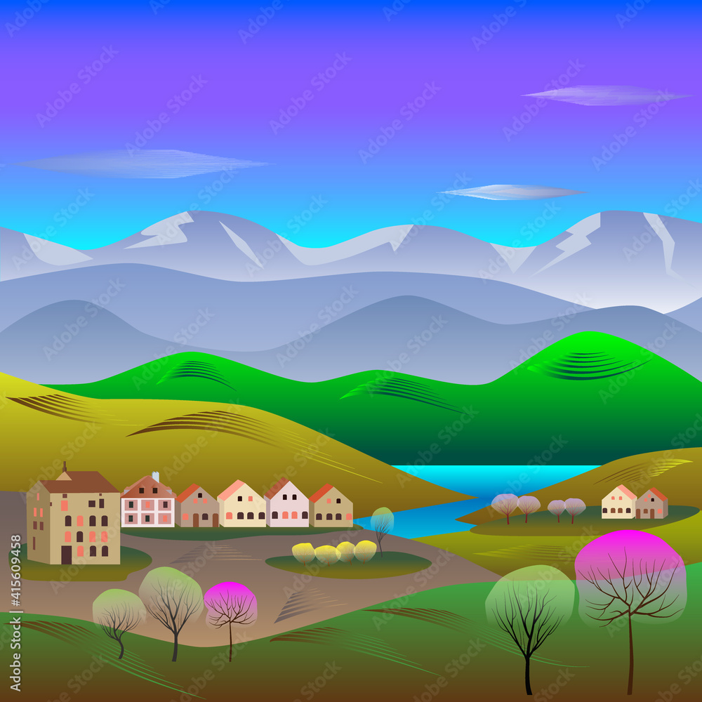 Spring landscape with a castle, a bridge over the river, flowering trees, houses, green hills, mountains. Vector illustration. 