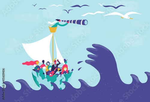 People of the world on the same boat, in the middle of the sea