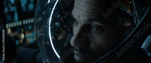 CU Portrait of African American Black male astronaut inside spaceship cockpit. Sci-fi space exploration concept. Mars mission
