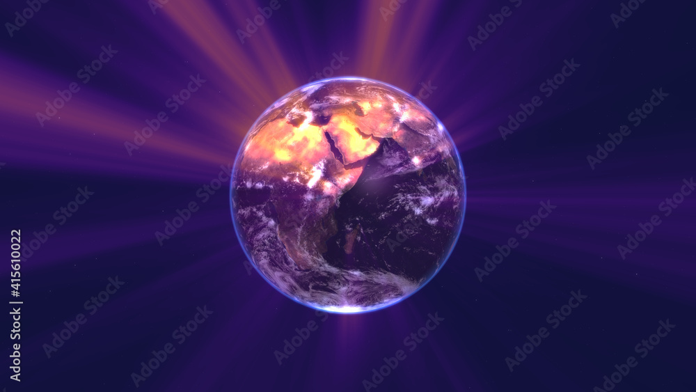 Fototapeta premium earth globe with glowing details and light rays. 3d illustration.