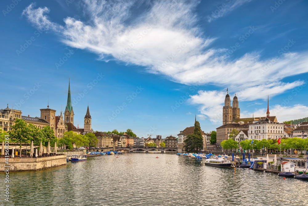 Zurich Switzerland, city skyline at Limmat River with Grossmunster and Fraumunster Church Zurich Switzerland, city skyline at Limmat River with Grossmunster and Fraumunster Church