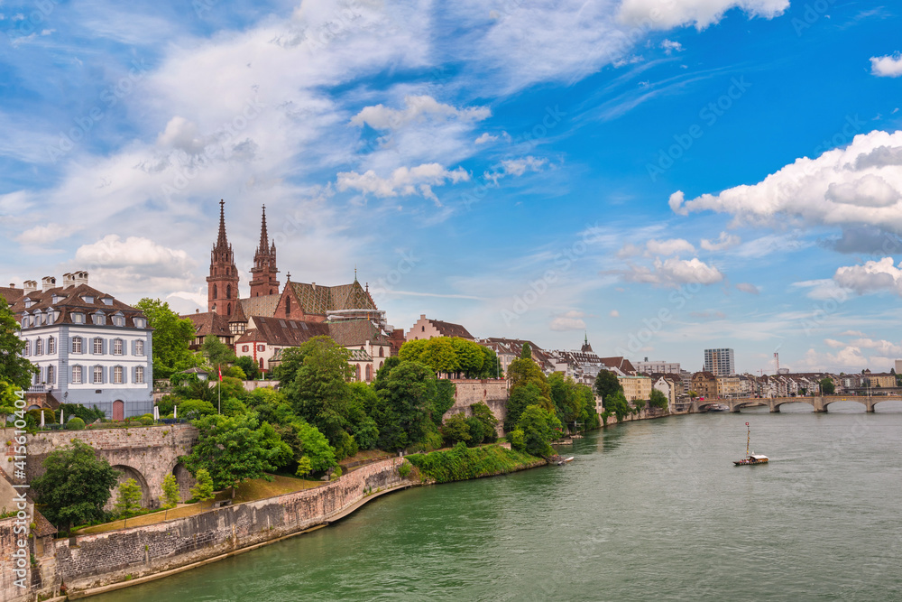 Basel Switzerland, city skyline at Rhine River and Basel Minster