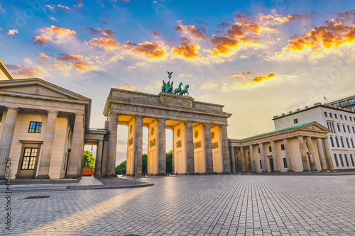 Berlin Germany, sunset city skyline at Brandenburg Gate (Brandenburger Tor) empty nobody