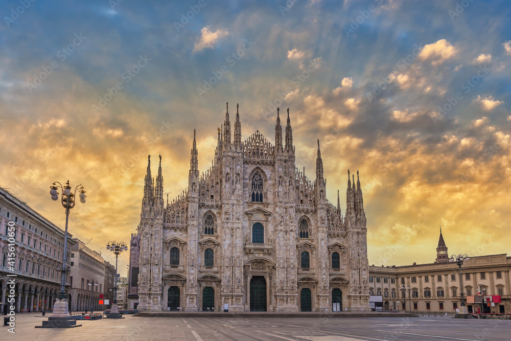 Milan Italy, sunrise city skyline at Milano Duomo Cathedral empty nobody
