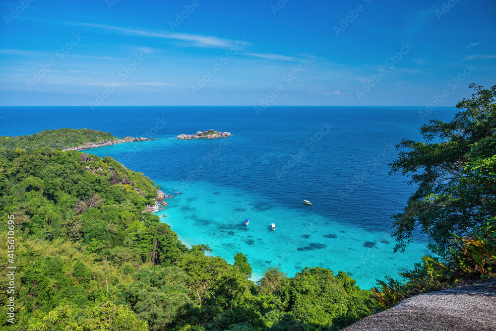 Tropical islands view of ocean blue sea water and white sand beach at Similan Islands from famous viewpoint, Phang Nga Thailand nature landscape