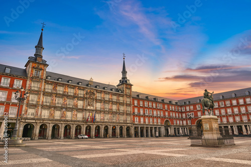 Madrid Spain, sunrise city skyline at Plaza Mayor photo