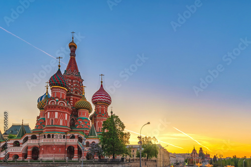 Moscow Russia, sunrise city skyline at Red Square and Saint Basil 's Catherdral photo