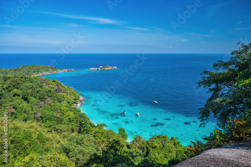 Tropical islands view of ocean blue sea water and white sand beach at Similan Islands from famous viewpoint  Phang Nga Thailand nature landscape