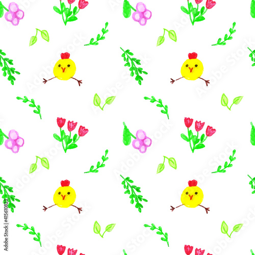 Cheerful chickens with flowers and foliage on a white background.