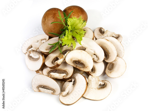 Brown Champignon Mushrooms in Slices isolated on white Background
