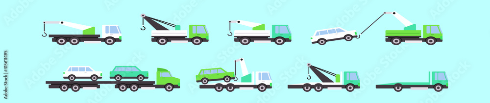 set of towing car cartoon icon design template with various models. vector illustration isolated on blue background set of towing car cartoon icon design template with various models. vector illustration isolated on blue background