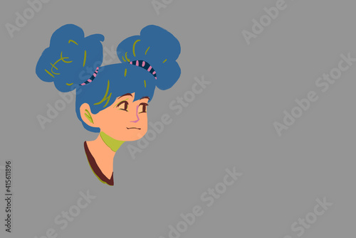 The image of a funny girl with blue hair gathered in two buns, high hairstyle, lush hair. Three-quarter portrait