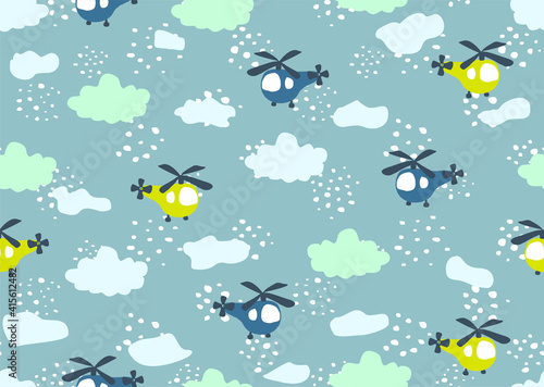 Cheerful seamless vector pattern with helicopters in the sky and clouds. Hand drawn transport, background for boys and kids