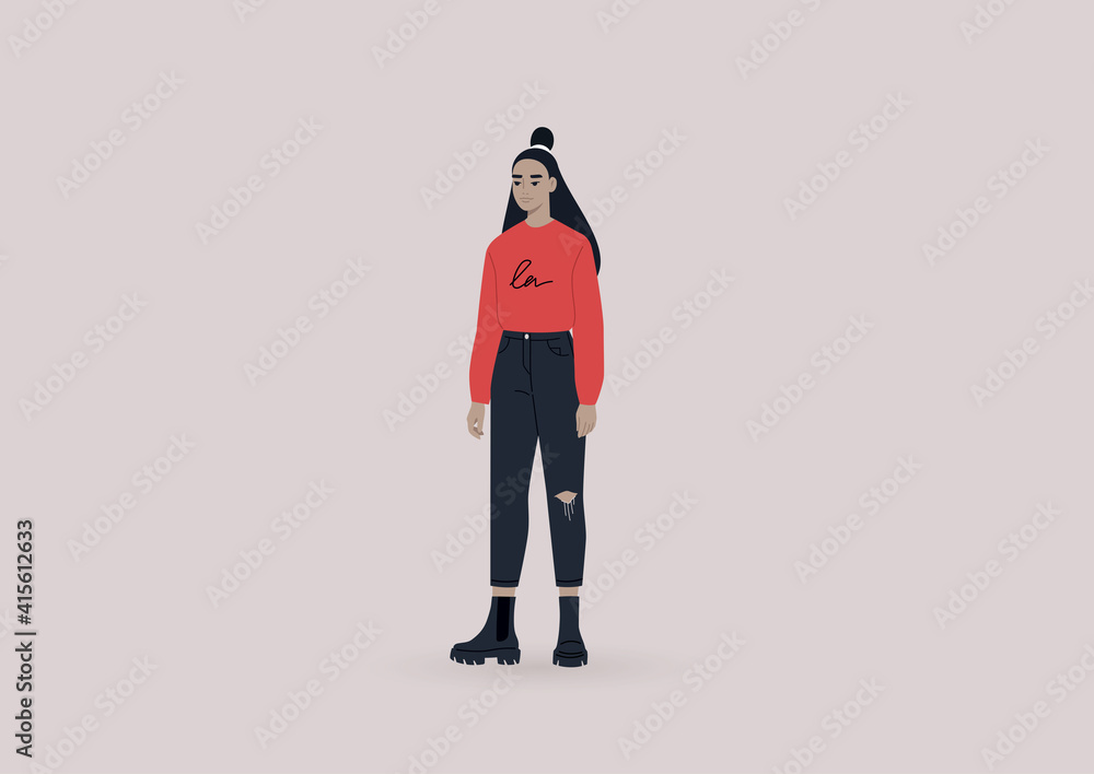 A young female Asian character wearing heavy black boots and a red long sleeve shirt, modern casual lifestyle A young female Asian character wearing heavy black boots and a red long sleeve shirt, modern casual lifestyle