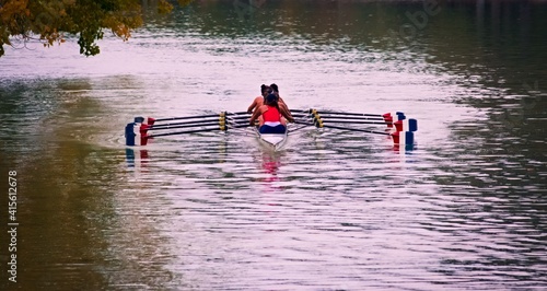 Women rowing team  training in the lake of San Martin park in Mendoza  Argentina.