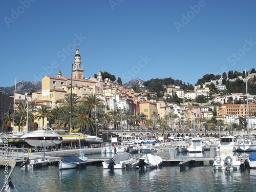 Harbor of Menton, France, with the old town in the background
