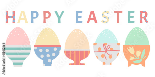 Spring Easter greeting or invitation card with decorated eggs in pastel colors. Eggs hunting template. Vector illustration.