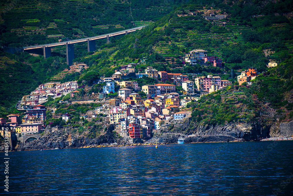 The stunningly beautiful village of Riomaggiore on the Cinque Terra Coastline in Liguria Italy