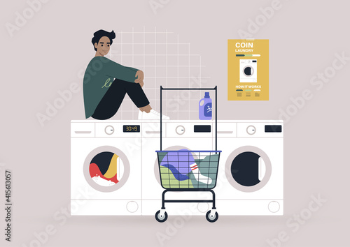 Household chores concept, a young male character waiting for their laundry in a coin laundromat