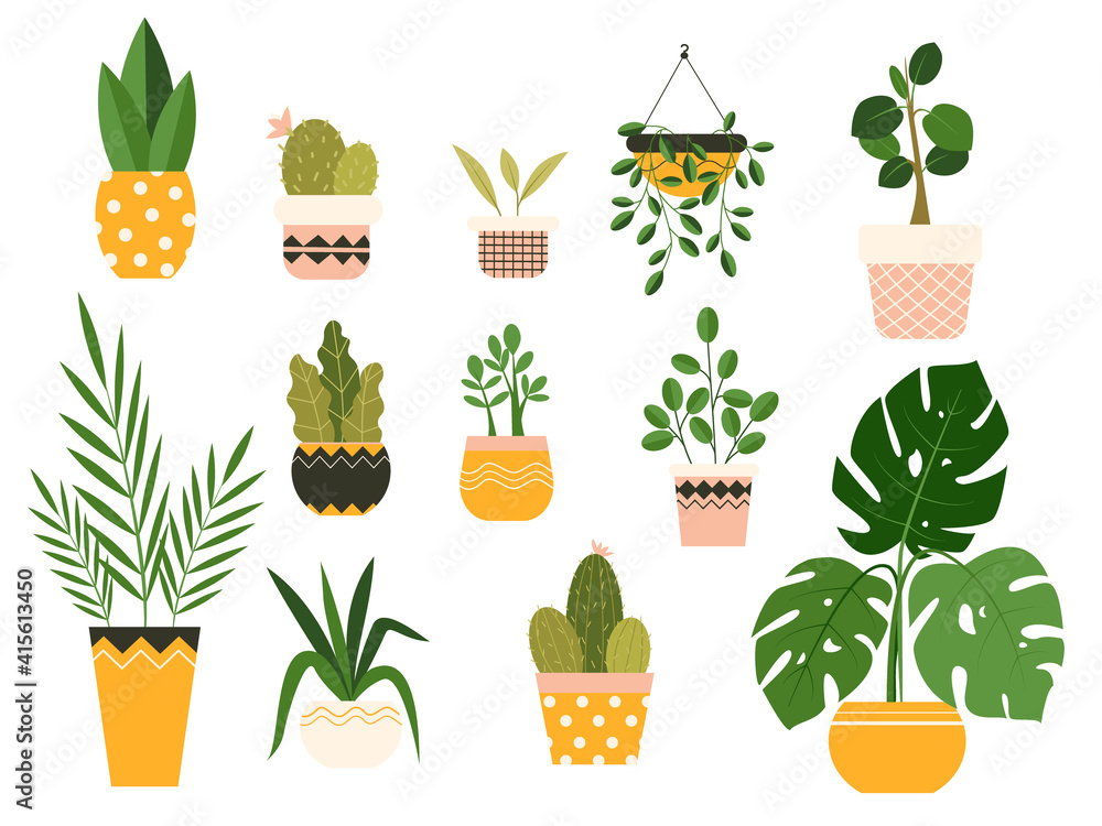 Potted plants collection. Urban jungle, trendy home decor with plants, cactus, tropical leaves. Set of house indoor plant hand drawn cartoon illustration Potted plants collection. Urban jungle, trendy home decor with plants, cactus, tropical leaves. Set of house indoor plant hand drawn cartoon illustration