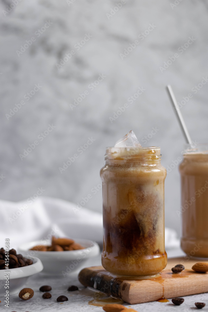 Almond milk iced coffee, refreshing energizing drink Almond milk iced coffee, refreshing energizing drink