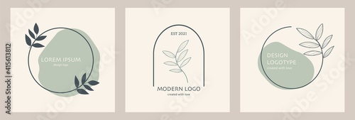 Set of aesthetic minimal green and beige logo with leaf  vector collection for brands  beauty salon  spa