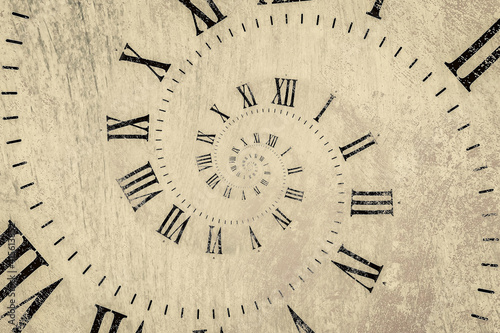 Droste effect background with infinite clock spiral. Abstract design for concepts related to time.