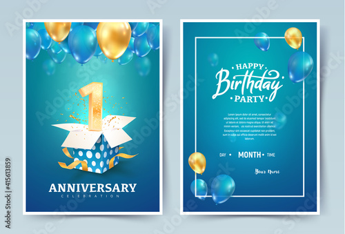 1th years birthday vector invitation double card. One years anniversary celebration brochure. Template of invitational for print on blue background