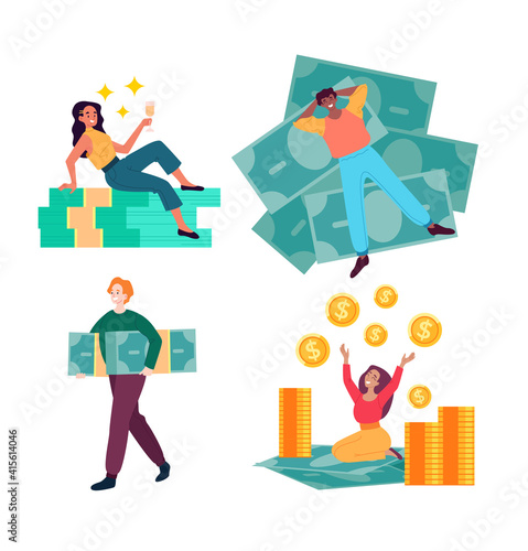 Rich people with lot of money isolated set. Vector cartoon flat graphic design illustration
