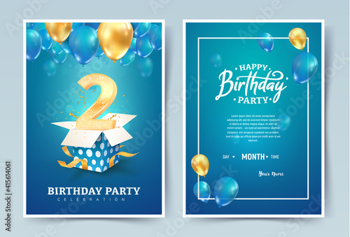 2nd years birthday vector invitation double card. Two years anniversary celebration brochure. Template of invitational for print on blue background