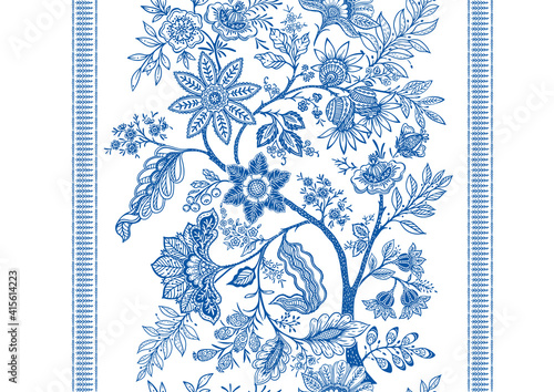 Fantasy flowers in retro, vintage, jacobean embroidery style. Seamless pattern, background. Vector illustration. On army green background.