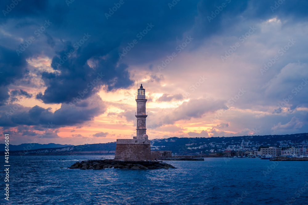 Stormy sunset landscape at the Old Port of Chania town, in Crete island, Greece, Europe